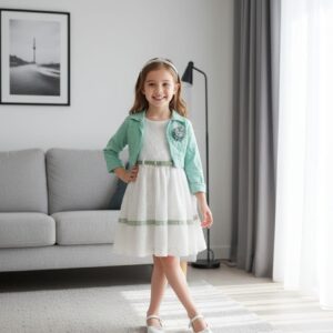 Robe blanche fille avec veste verte