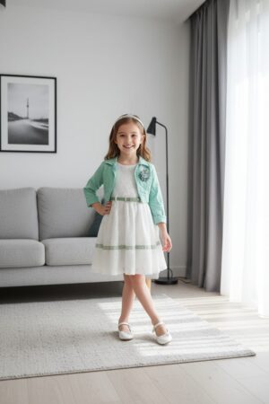 Robe blanche fille avec veste verte