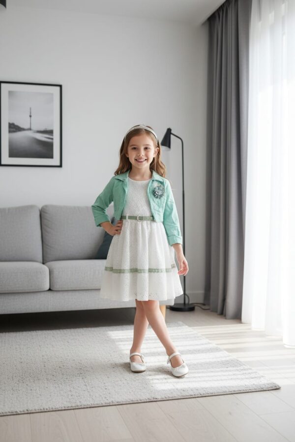 Robe blanche fille avec veste verte